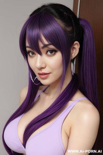 Anime, 1 woman, tits, woman, missionary pose, twin tail hair, purple hair. - ai-porn.ai on pornintellect.com