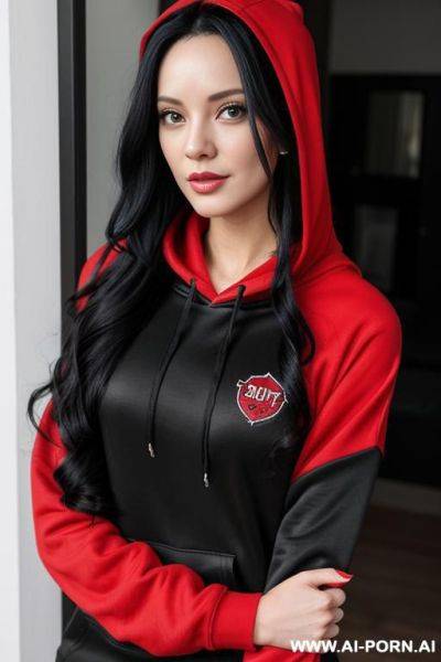 Woman long black hair hoodie red selfie - ai-porn.ai on pornintellect.com