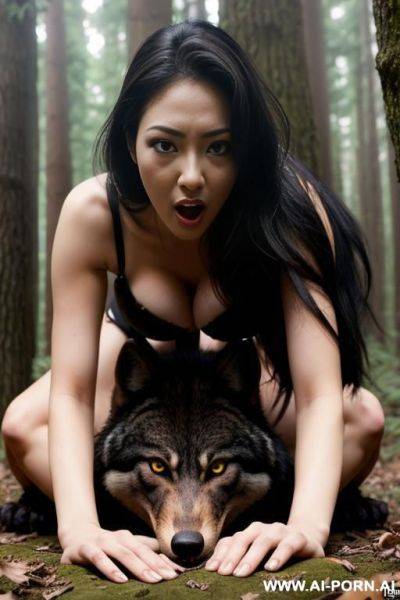 Woman, giant breasts, gy style sex with a werwolf from behing with a cock longer than his leg and errection, front view, the woman is shocked, the werwolf has errection, in the woods, front up view - ai-porn.ai on pornintellect.com