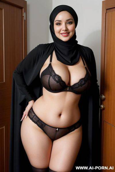 A smiling curvy russian busty with huge boobs wearing hijab showing underwear standing surrounded by many black old men - ai-porn.ai - Russia on pornintellect.com