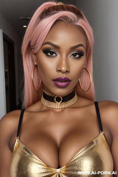 African, bimbo, slutty, hoop earrings, dress, dyed hair, tanned, choker, big lips, heavy makeup, gold, stripper - ai-porn.ai on pornintellect.com