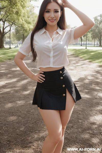 Transparent black skirt, standing. white blouse, show nipples through clothes, tits size 2. full body view, no bra, show tits, white stockings. - ai-porn.ai on pornintellect.com