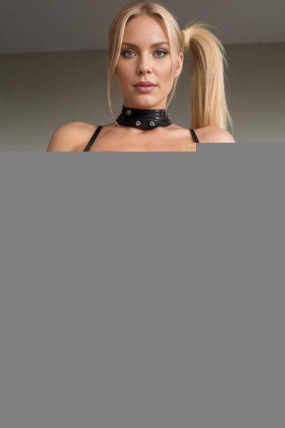 Blond ponytail, teasing and dominant look, almost smiling, view from below her crotch, tight bulging leather crop top, legs open, sitting leaning back, (((crotchless))) - ai-porn.ai on pornintellect.com