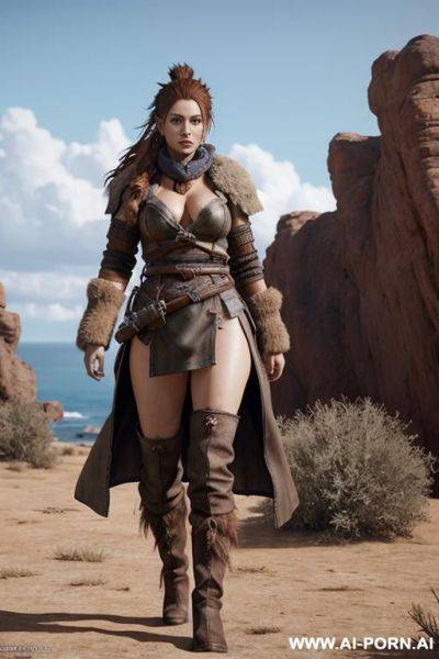 Aloy, horizon zero daw, realistic photo game ,same face as character the game, big breasts, hard niplees, s in the face, nude only long open coat, full body view, very hairy pussy, realistic - ai-porn.ai on pornintellect.com