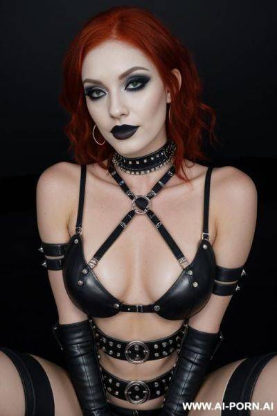 Redhead goth makeup woman in a rave, with a studded choker, fisnet, fetish body nipples and pussy shows, arms above head, bondage, boots, smiling - ai-porn.ai on pornintellect.com