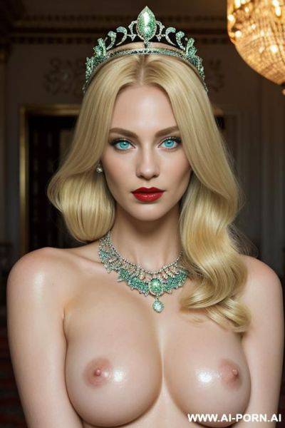 _super model, top model, wearing diamond crown, topless, pretty boobs, light blue eyes, diamond necklace, (white pallid skin), (ghastly pallid shiny skin), red lips - ai-porn.ai on pornintellect.com