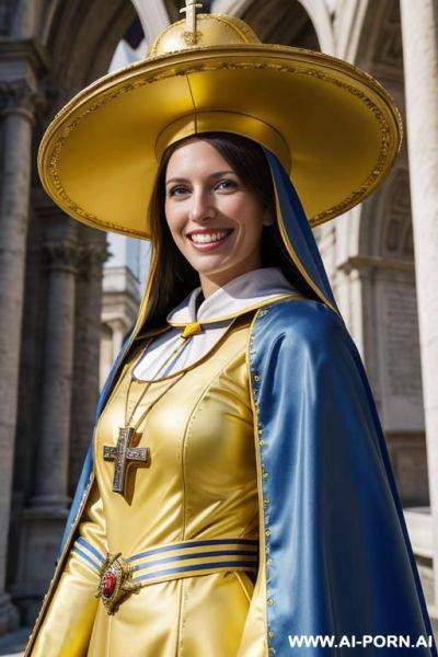 Papal church outside papal swiss guard traditional blue and yellow costume - ai-porn.ai - Switzerland on pornintellect.com