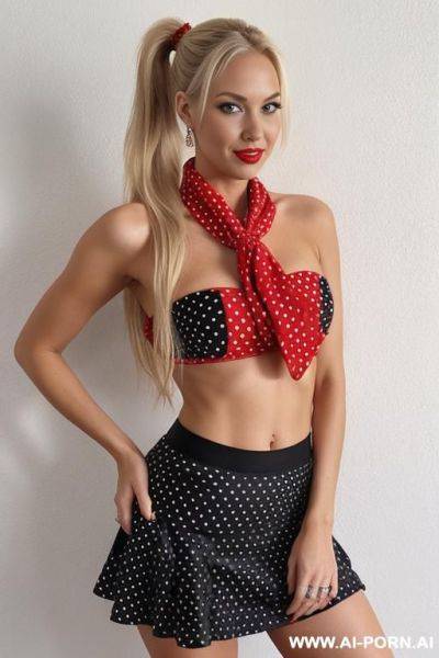 Blonde hair, retro ponytail, red bandana, black polka dot skirt, front view, black blouse, full body, naked belly, - ai-porn.ai on pornintellect.com