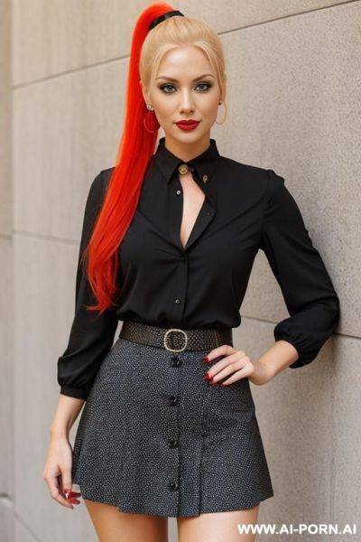 Blonde hair, 0s ponytail, red hair band, black polka dot skirt, front view, black blouse, - ai-porn.ai on pornintellect.com