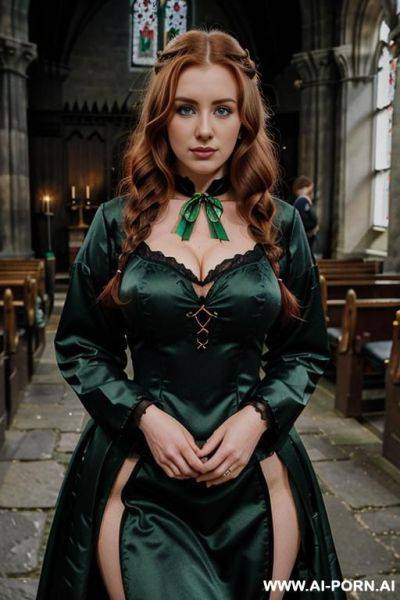 Standing in a lovly gothic church, wearing a long modest wedding dress, - ai-porn.ai on pornintellect.com