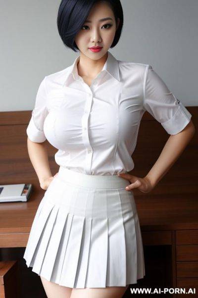 Thai, 1, white shirt, navy pleated skirt, short hair, big breasts - ai-porn.ai - Thailand on pornintellect.com