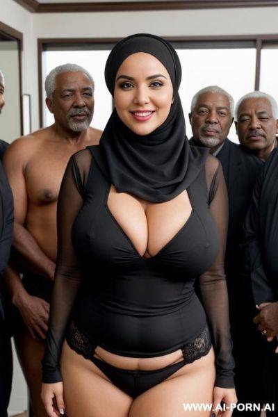 Smiling curvy busty wife with huge boobs wearing hijab standing surrounded by many black old men - ai-porn.ai on pornintellect.com