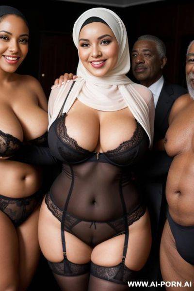 Smiling curvy busty wife with huge boobs wearing hijab and lingerie standing surrounded by many black old men - ai-porn.ai on pornintellect.com