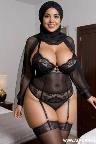 Smiling curvy busty wife with huge boobs wearing hijab and lingerie standing surrounded by many black old men in bedroom - ai-porn.ai on pornintellect.com