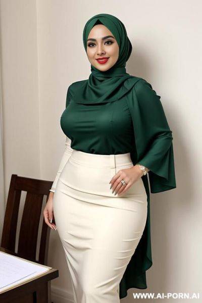 Flowing green hijab along with a fitted blouse and pencil skirt in a soft, creamy white. the outfit hugs her curvy figure, accentuating her full breasts and round hips. - ai-porn.ai on pornintellect.com