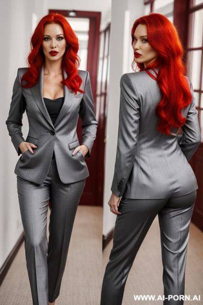 Eastern european scandinavian, (fiery red hair, bob), (full lips), (formal grey pantsuit), pert breasts, round, firm ass - ai-porn.ai on pornintellect.com