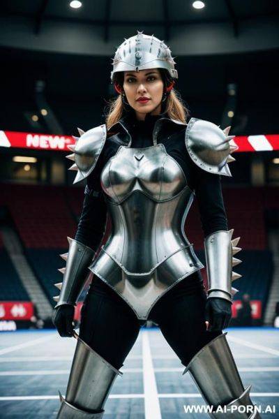 Woman in steel spiky armour in a steel arena. steel helmet with visor. speedball. - ai-porn.ai on pornintellect.com