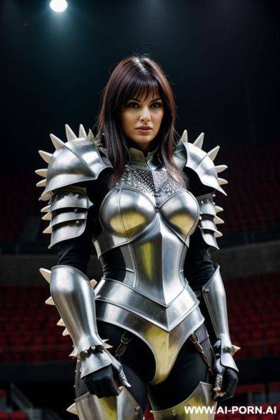 Woman in steel spiky armour in a steel arena. - ai-porn.ai on pornintellect.com