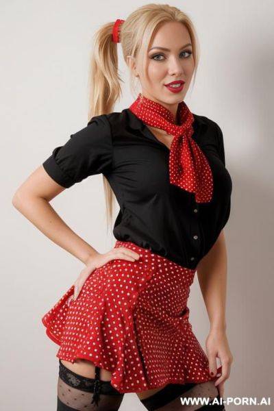 Blonde hair, 0s ponytail, red bandana, black polka dot skirt, front view, black blouse, full body - ai-porn.ai on pornintellect.com