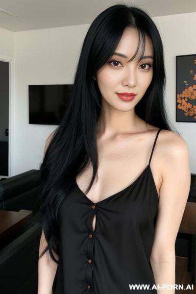 Woman long black hair orange blouse selfie - ai-porn.ai on pornintellect.com