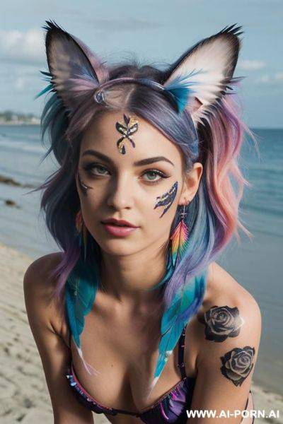 Face, sexy, beautiful, ((face painting)), ((bikini as seashell)), ((tattoo roses)), ((eyes shw)), ((angel wings)), ((rainbow hair)), ((long bu hair)), ((wind)), (( cat face)), (( cat ears)), (((feather earrings)), neckless, full view, wide angle view - ai-porn.ai on pornintellect.com