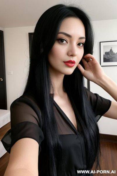 Woman long black hair red blouse selfie - ai-porn.ai on pornintellect.com