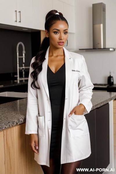 European african, (dark curled hair, pulled back in a loose ponytail), (almond-shaped, a deep, brown eyes), (white lab coat over a fitted black dress). (black tights) - ai-porn.ai on pornintellect.com