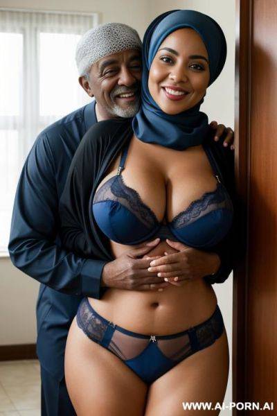 Smiling curvy busty wife with huge boobs wearing hijab and blue lingerie hugged from black old man standing - ai-porn.ai on pornintellect.com