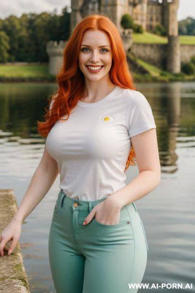 Beautiful woman, british, redhead, medium hight, mid 20s, long hair, natural boobs, big ass, in front of a lake with a british castle in background, white t-shirt, green pants - ai-porn.ai - Britain on pornintellect.com