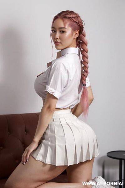 A half-korean + half-japanese supermodel, gorgeous and 15cm tall, wearing ((((a relaxed-fit white cotton shirt, buttoned up to the collar, paired with a matching pleated skirt that falls just above - ai-porn.ai - Japan - North Korea on pornintellect.com