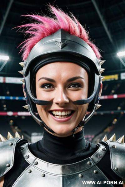 Woman in steel spiky armour in a steel arena. football helmet with visor. speedball. short punk hairstyle. - ai-porn.ai on pornintellect.com