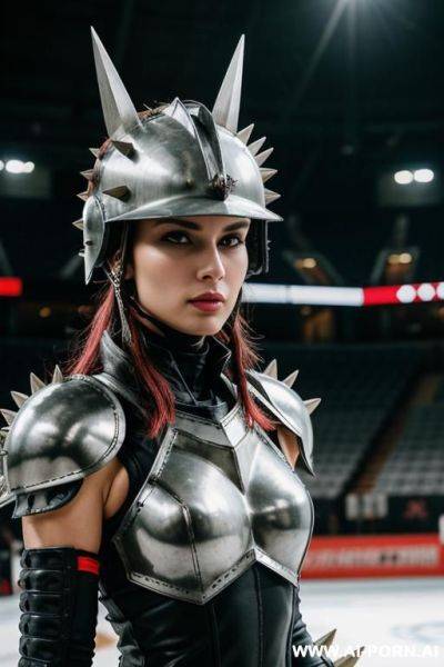 Woman in steel spiky armour in a steel arena. steel helmet with visor. speedball. punk hairstyle. - ai-porn.ai on pornintellect.com