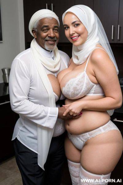 Smiling curvy busty white wife with huge boobs wearing hijab and white underwear standing and hugged from black old man - ai-porn.ai on pornintellect.com