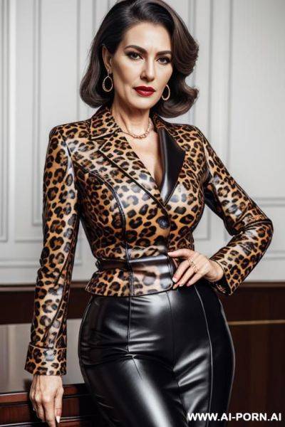 Leopard pattern leather suit, high resolution picturr, very detailled face, highly closed blouse - ai-porn.ai on pornintellect.com