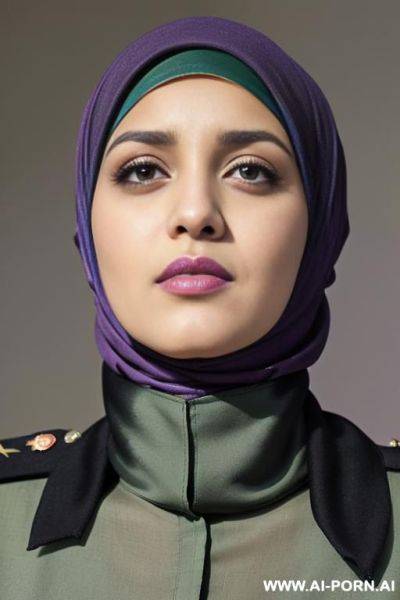 (((mu, half purple hijab, black hair, green eyes and looking up, 1 old years, stand up))), ((sexy uniform military, hands cuffed nas crying)) - ai-porn.ai on pornintellect.com