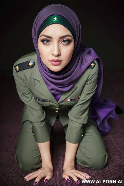 (((mu, half purple hijab, black hair, green eyes and looking up, 1 old years, stand up))), ((sexy uniform military, hands cuffed)) - ai-porn.ai on pornintellect.com