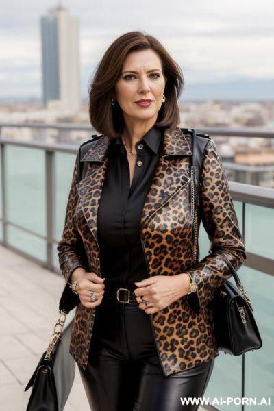 Leopard pattern leather coat, black leather trousers, high resolution picture, very detailled face, highly closed blouse, on a m sunny terrace - ai-porn.ai on pornintellect.com