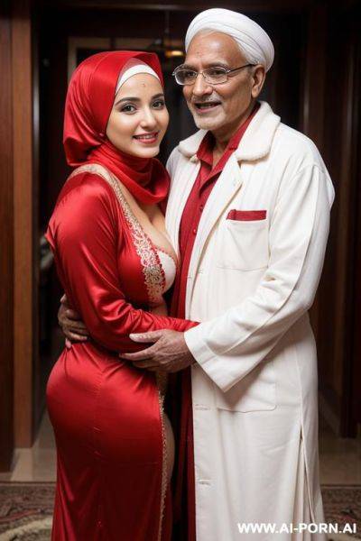 Smiling curvy busty white wife wearing hijab and red robe showing red underwear standing and hugged from indian old man - ai-porn.ai - India on pornintellect.com