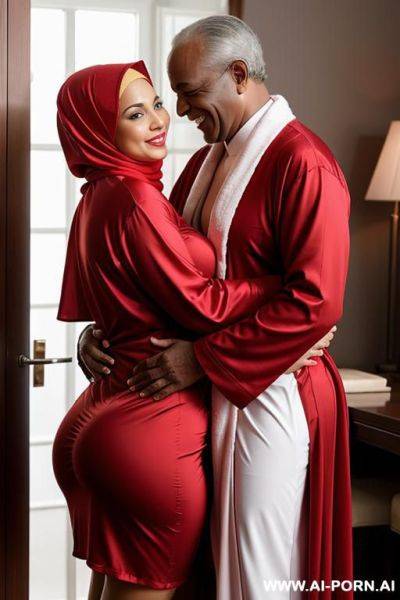 Smiling curvy busty white wife wearing hijab and red robe showing red underwear standing and hugged from black old man - ai-porn.ai on pornintellect.com