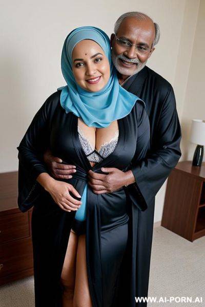 Smiling curvy busty white wife wearing hijab and black robe showing blue underwear standing and hugged from indian old man - ai-porn.ai - India on pornintellect.com