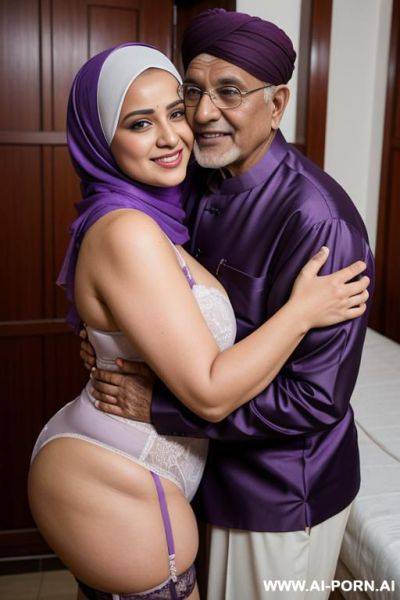 Smiling curvy busty white wife wearing hijab and purple lingerie standing and hugged from indian old man - ai-porn.ai - India on pornintellect.com