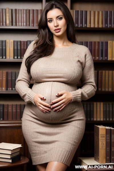 Pregnant sweater dress, breasts resting on books - ai-porn.ai on pornintellect.com