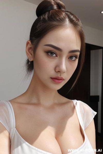 Light & pallid skin, (cropped top with cap-sleeve), (white skin & pallid), round face, (compact hair-bun), (teardrop oversized saggy breasts), (pallid voluptuous), (cleavage line) - ai-porn.ai on pornintellect.com