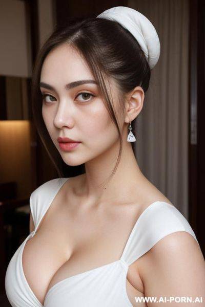 Light & pallid skin, (cropped cap-sleeve), (white skin & pallid), round face, (compact hair-bun), (teardrop oversized saggy breasts), (pallid voluptuous), (cleavage line) - ai-porn.ai on pornintellect.com