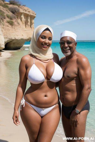 Smiling curvy busty white wife wearing hijab and colored bikini standing and hugged from two black old men - ai-porn.ai on pornintellect.com