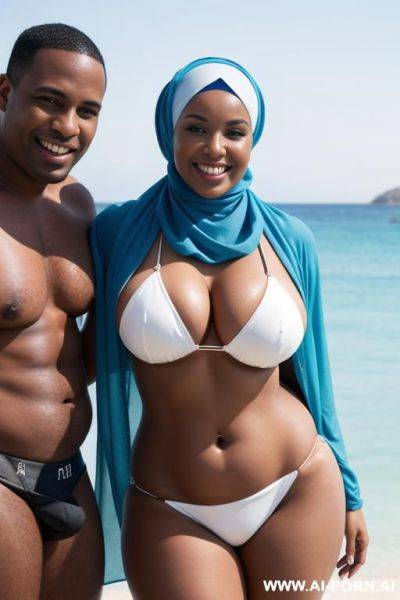 Smiling curvy busty white wife wearing hijab and blue bikini standing and hugged from black man - ai-porn.ai on pornintellect.com