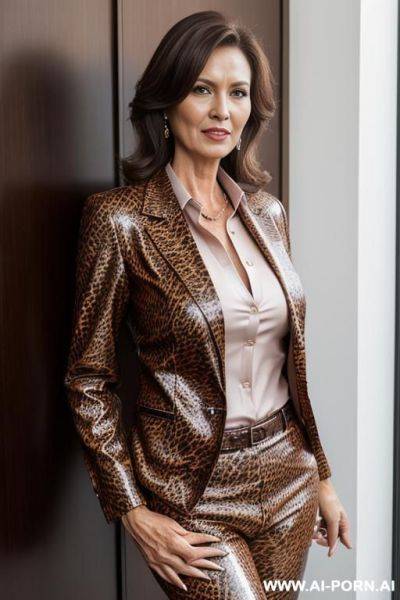 Tiger pattern leather suit, high resolution picture, very detailled face, closed blouse, no cleavage - ai-porn.ai on pornintellect.com