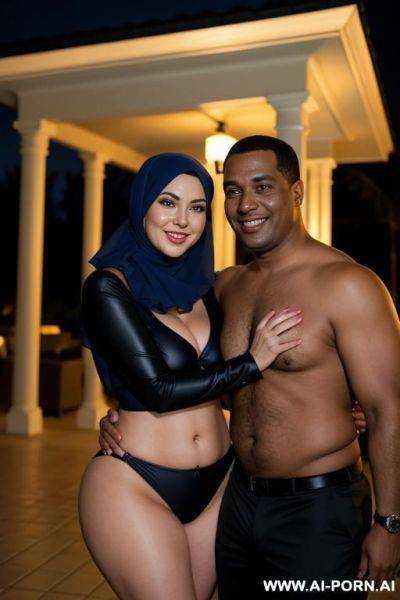 Smiling curvy busty russian wife wearing hijab and colored bikini standing and hugged from black short man in night - ai-porn.ai - Russia on pornintellect.com