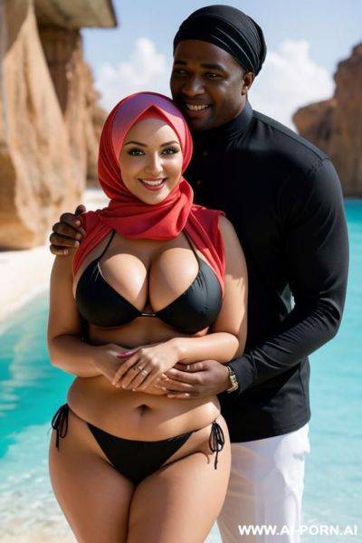 Smiling curvy busty russian wife wearing hijab and colored bikini standing and hugged from black short man - ai-porn.ai - Russia on pornintellect.com