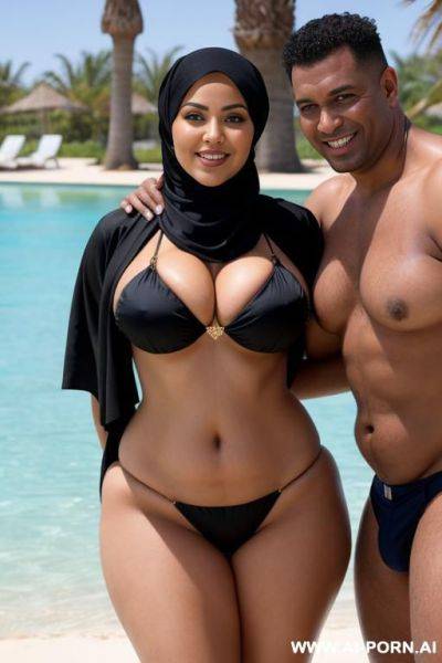 Smiling curvy busty russian wife wearing hijab and bikini standing and hugged from black man - ai-porn.ai - Russia on pornintellect.com